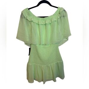 Nwt Marciano Lime Green Adelynn Smocked Off Shoulder Mini Dress